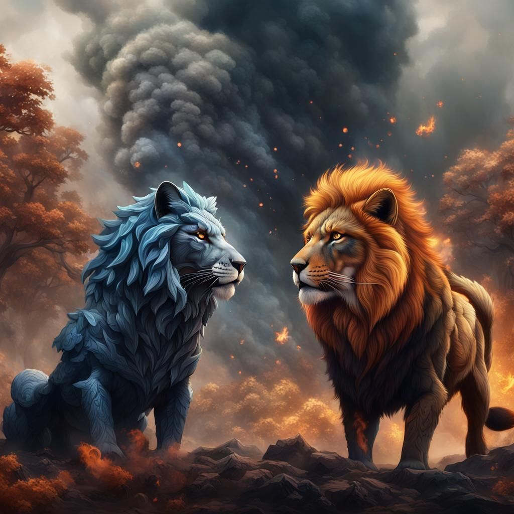Fantastical Lion and Fox Made of Smoke
