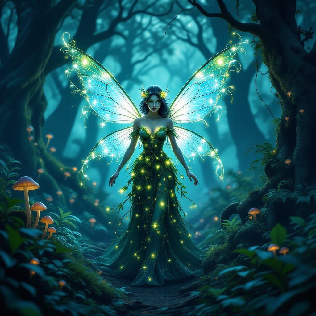 Bioluminescent Fairy Guides Travelers Through Dark Forest