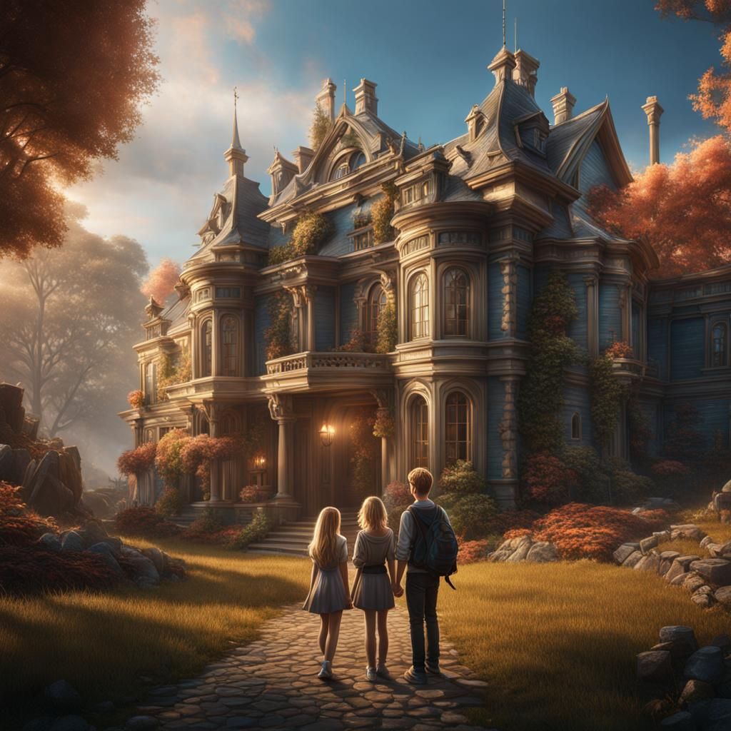 Teenagers in Front of Grand House: Fantasy Art