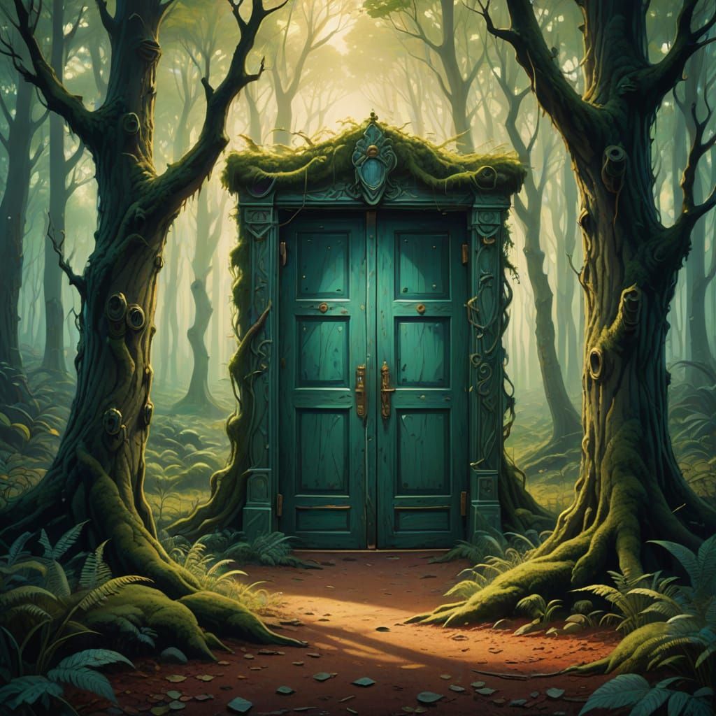 Surreal Forest King Behind Glowing Doors