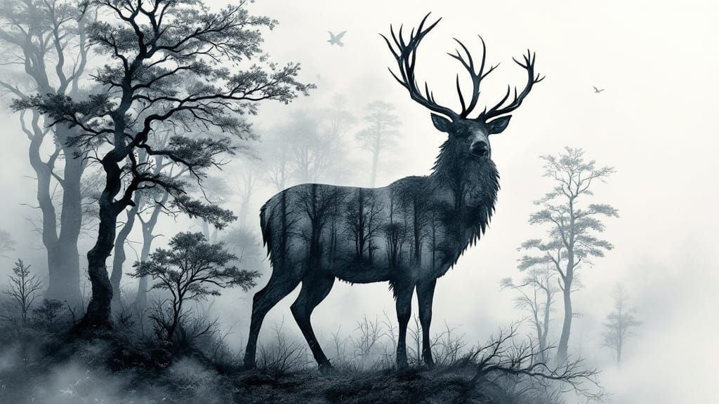 Majestic Stag Merging With Mystical Forest Double Exposure