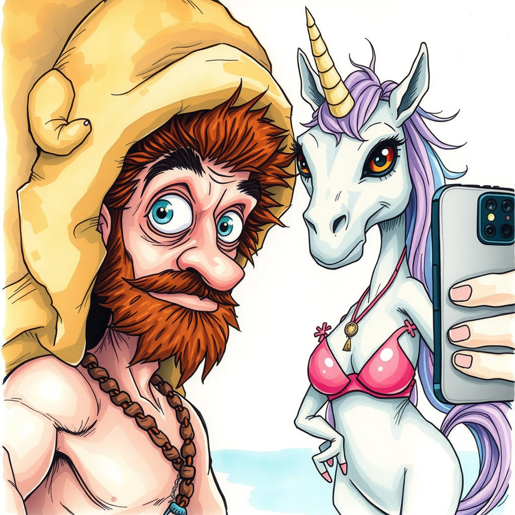 Funny Caricature of Caveman and Alien Selfie