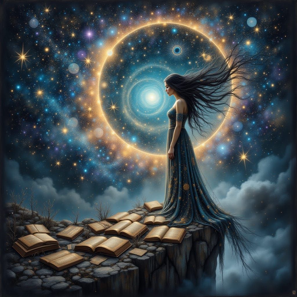 Woman Gazes at Nebula in Surrealist Style