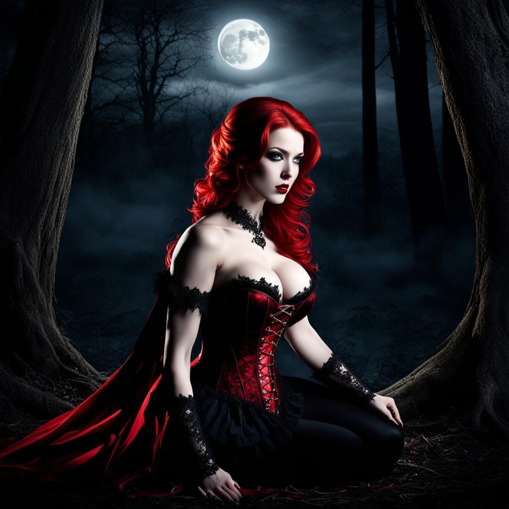 Redhead Vampire in Moonlit Forest, Gothic Aesthetic