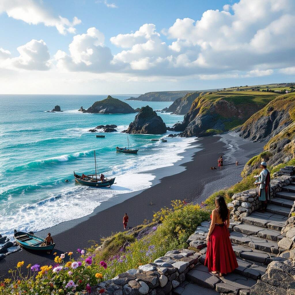 Portugal's Black Sand Beaches With Ancient Boats and Figures