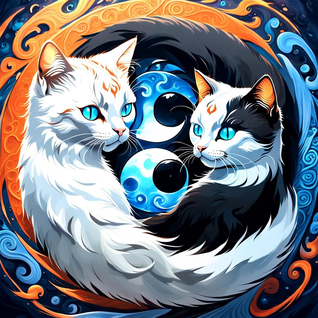 Yin Yang Cats in Fantasy Art Style