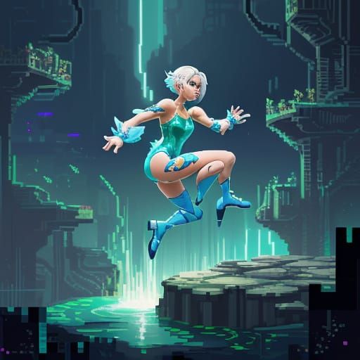 Pixel Art Princess Leaps Through Retro Jungle Landscape