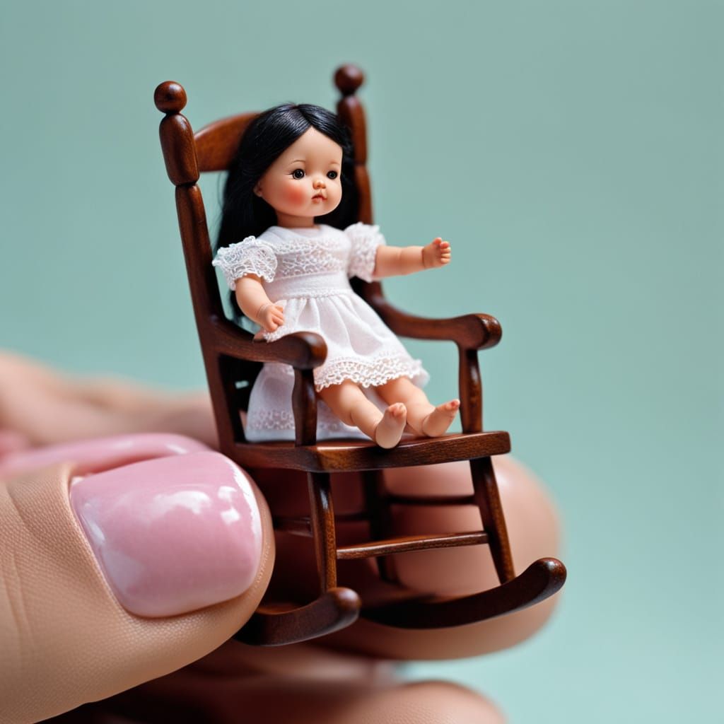 A tiny doll's rocking chair balanced on a single human finge...