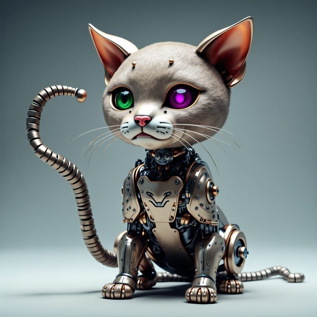 Mechanical Cat with Robotic Tail and Glowing Eye