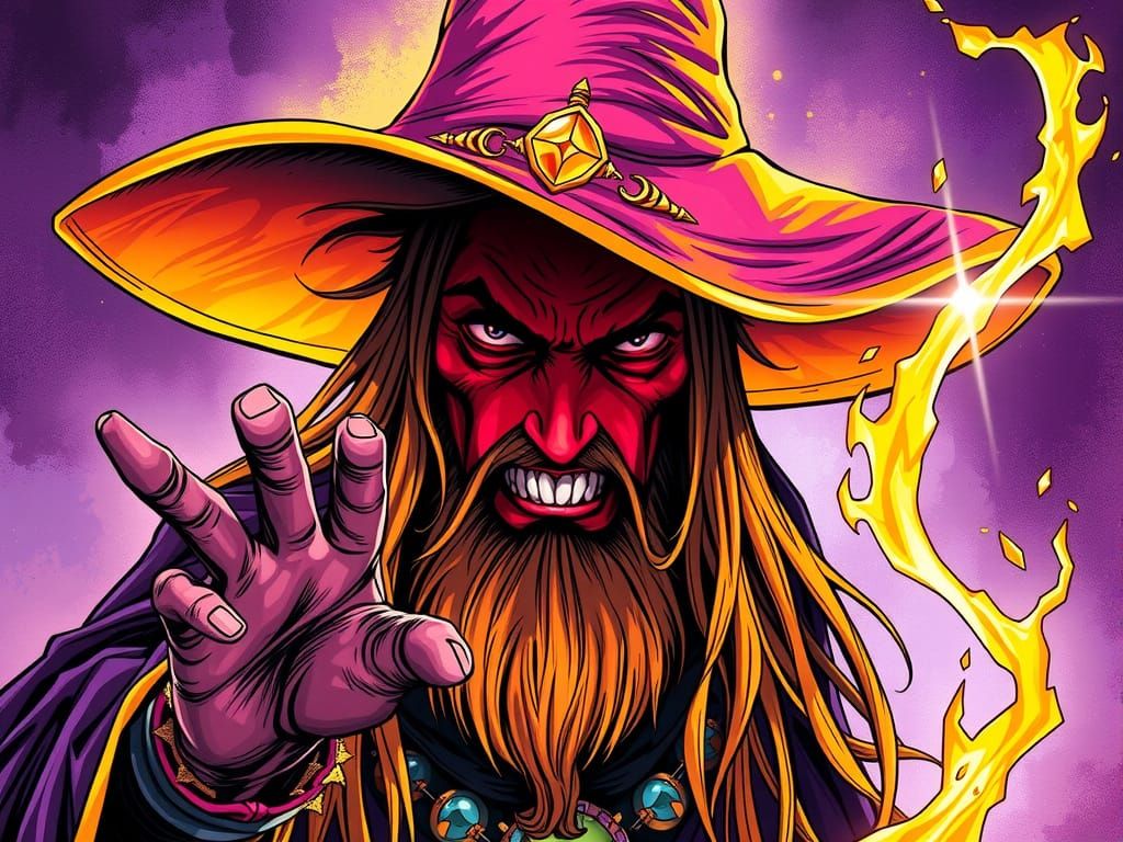 Red-Skinned Wizard Casting Magic in Dark Fantasy Style