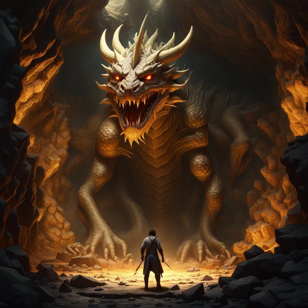 Warrior Versus Three-Headed Dragon in Gold Cave