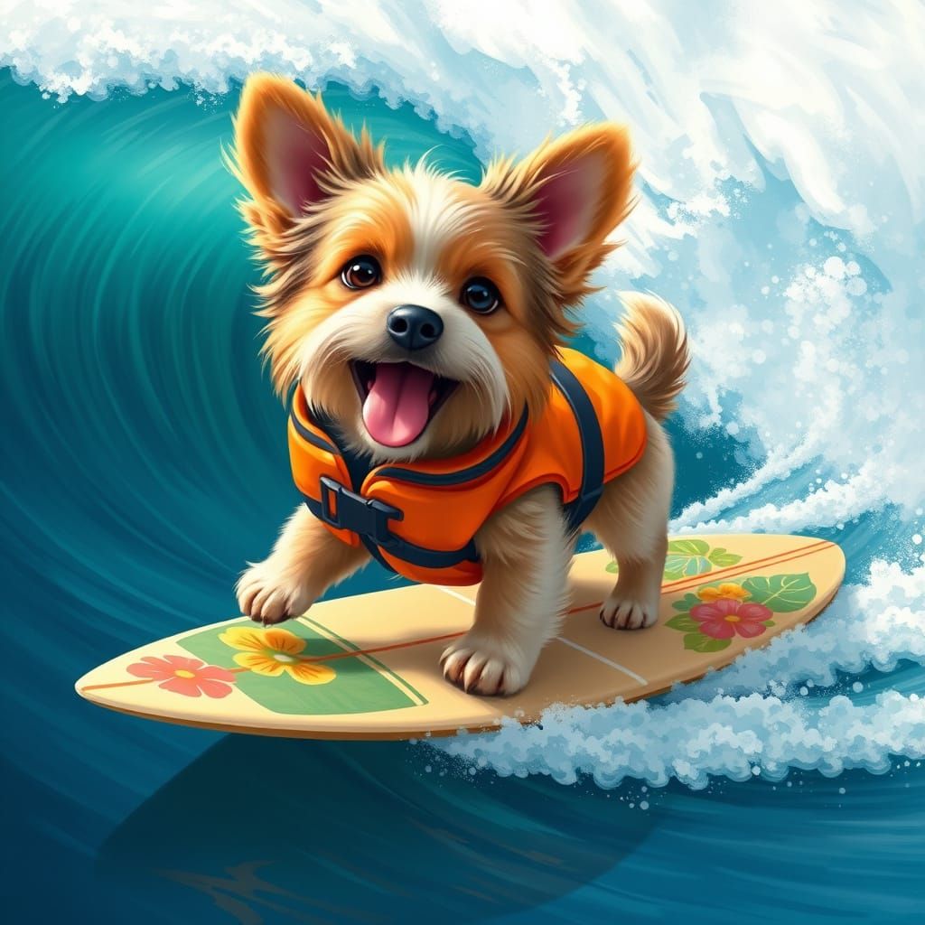 Surfing Pup Rides Wave in Vibrant Hawaiian Style