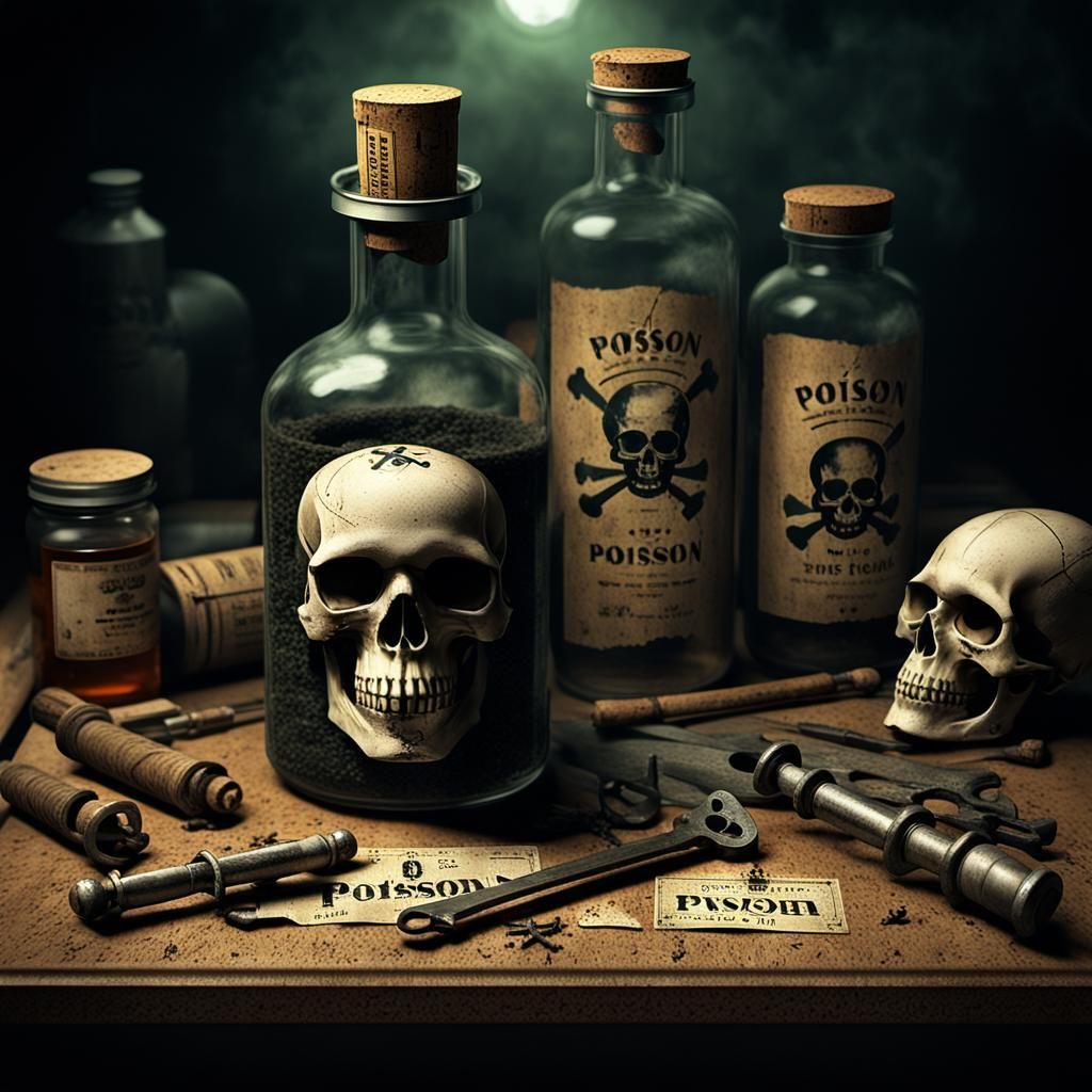 Eerie 3D Skull Poison Vial in Dim Morgue