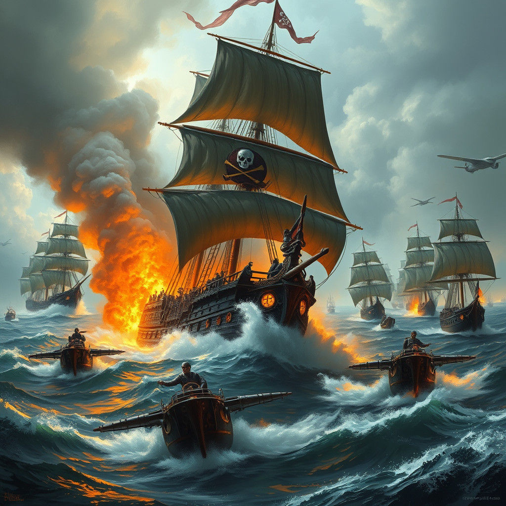 Burning Pirate Ship Chased by Armada in Dramatic Seascape