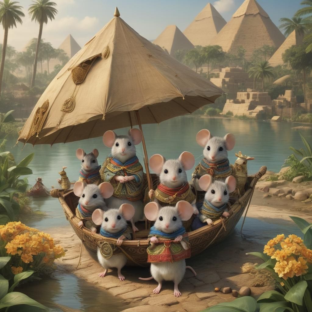 Mouse Family's Nile Adventure with Umbrella Boat