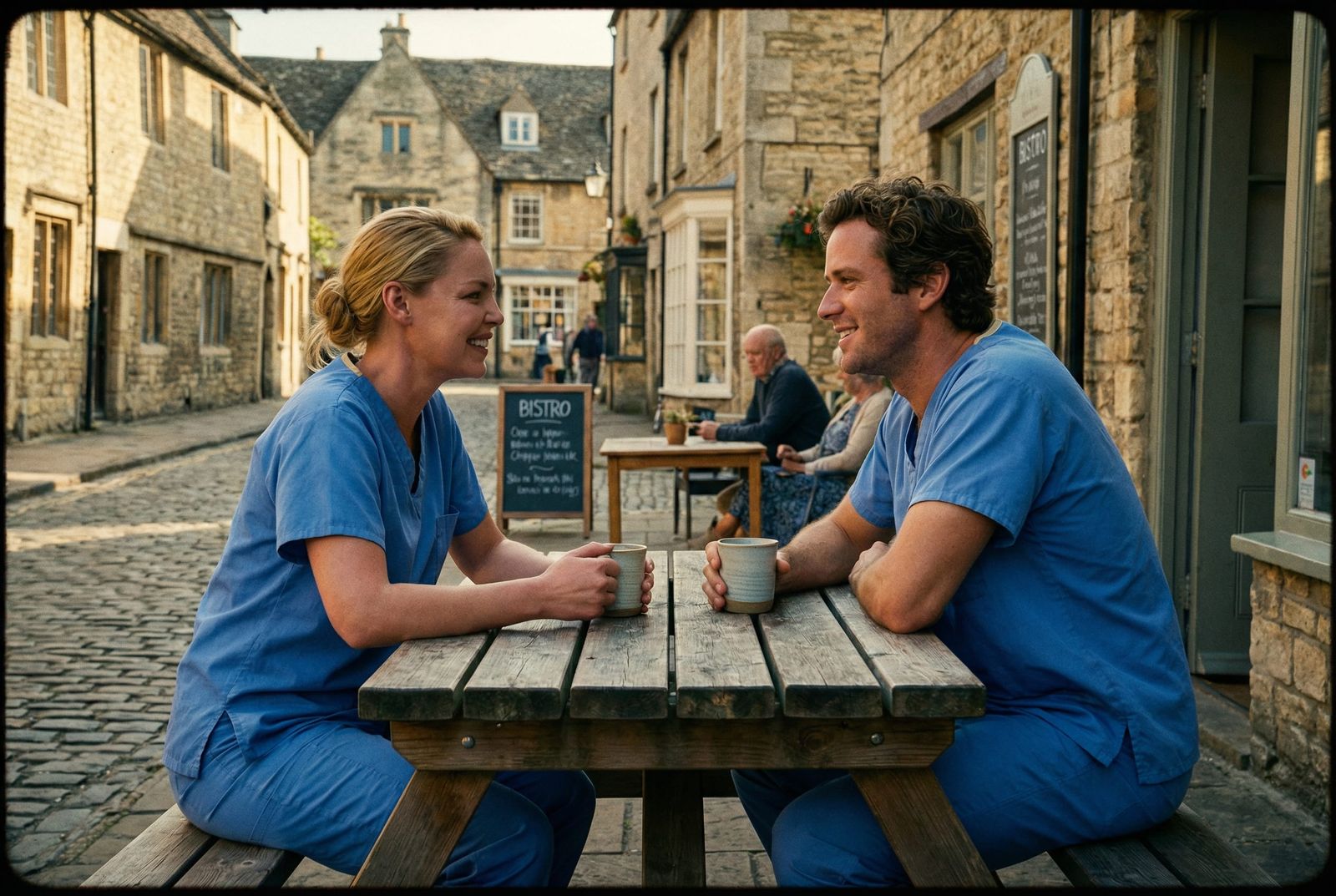 Surgeons Enjoy Coffee Break in Cinematic Film Still