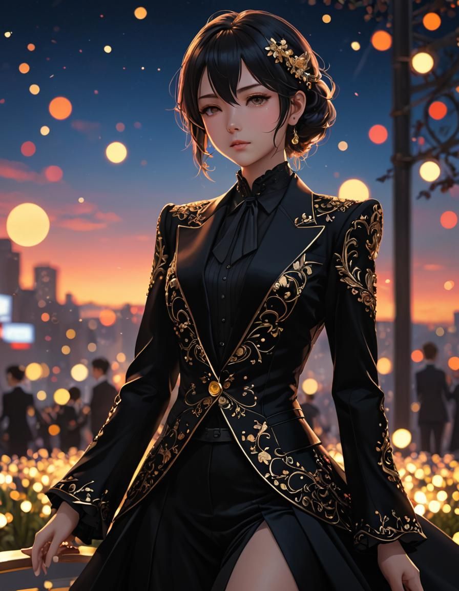 Velvet Ballroom Suit with Sunset Bokeh in Anime Style