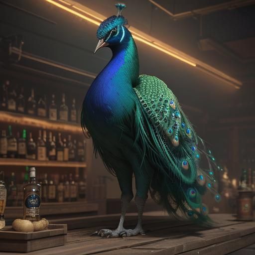 Peacock Whiskey with Pun Sign in 3D Cinematic Style