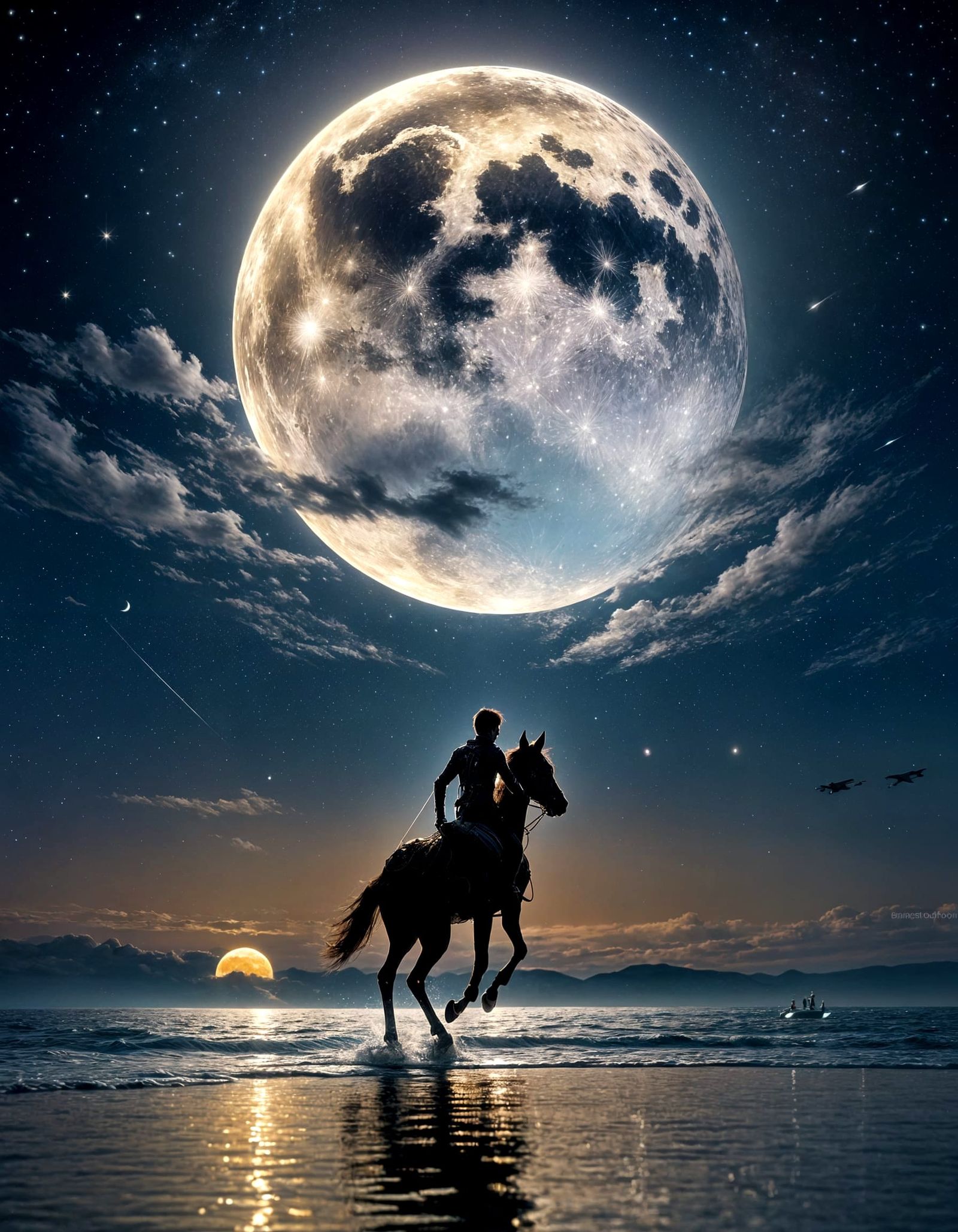 Night Seascape: Impressionist Parashoot Jumper Under Moonlig...