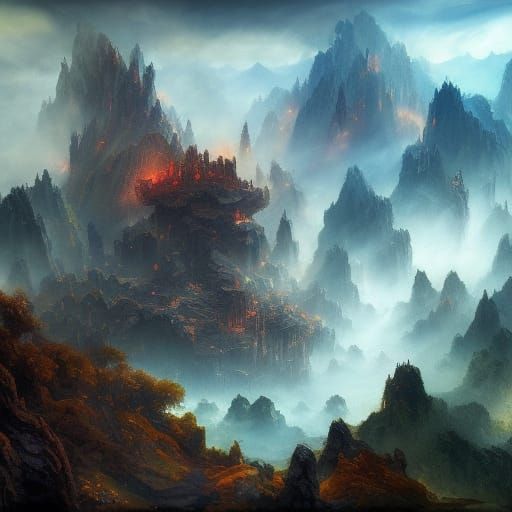 Flying Dragon and Magma Waterfall in Dark Fantasy Style