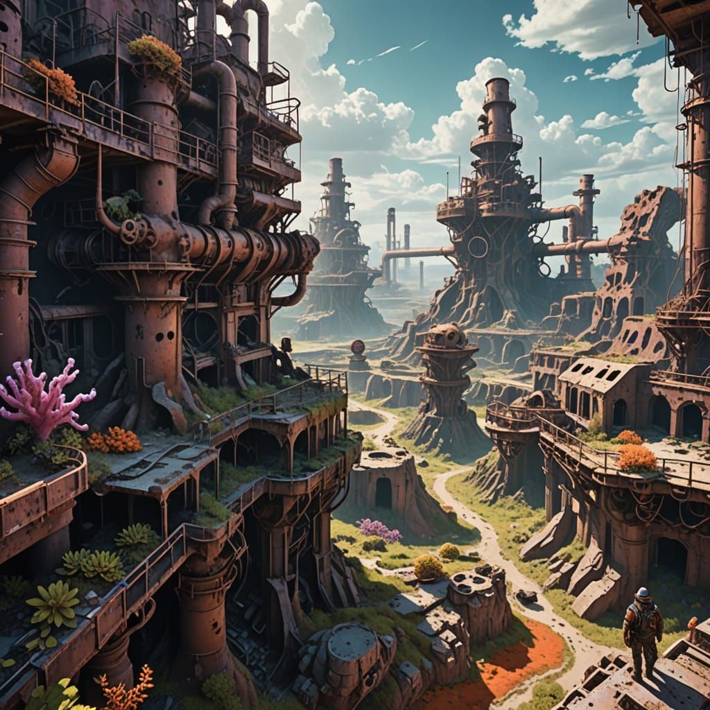 Oil-punk Explorer in Alien Landscape: Digital Matte Painting