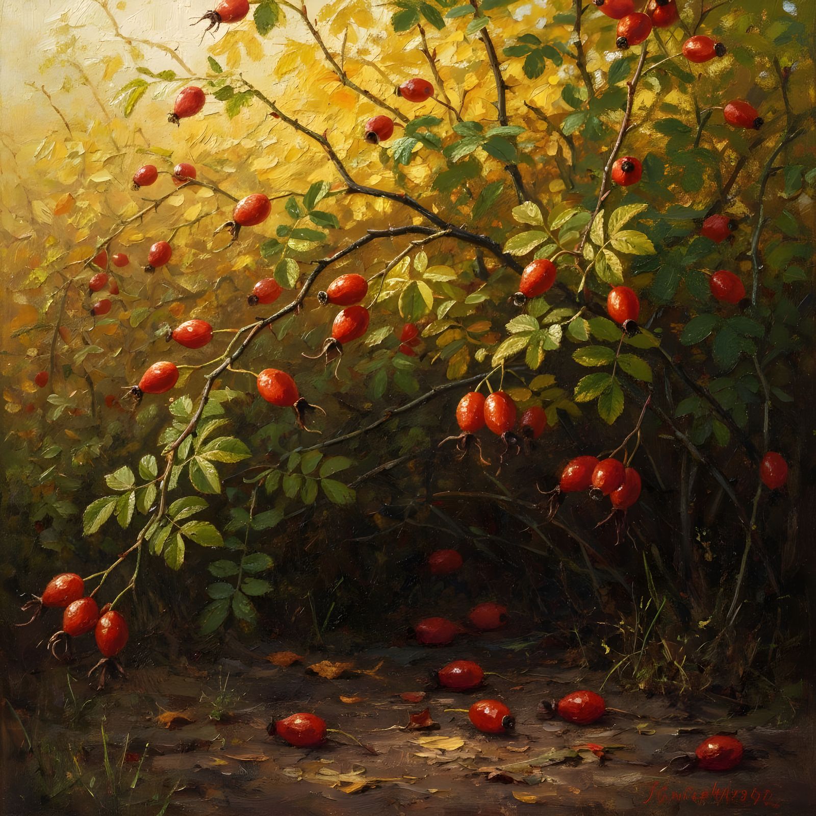 Autumn Rosehip Bush Oil Painting with Golden Light