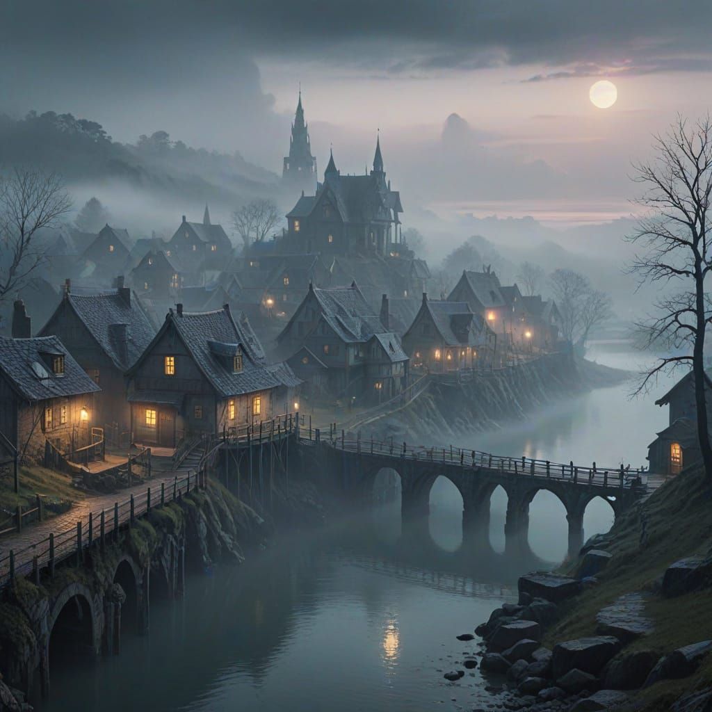 Surrealistic Foggy Fantasy Settlement