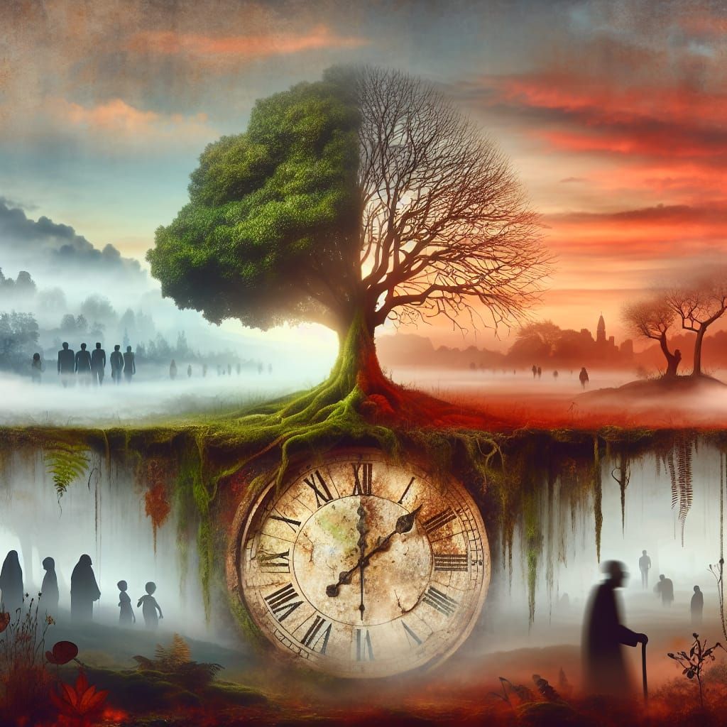 Misty Landscape with Ancient Tree and Clock
