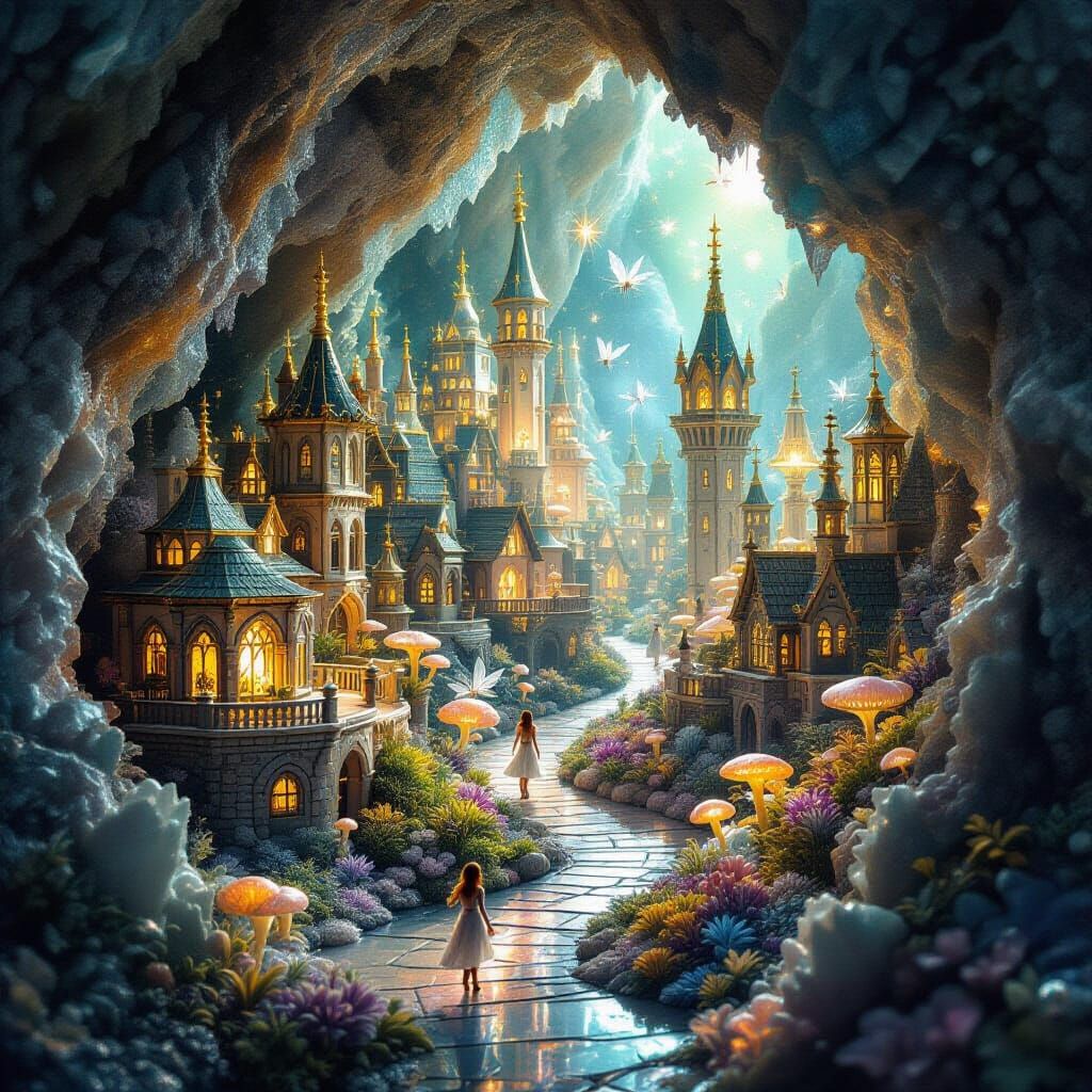 Miniature Crystal City Within Geode, Lit by Fairies