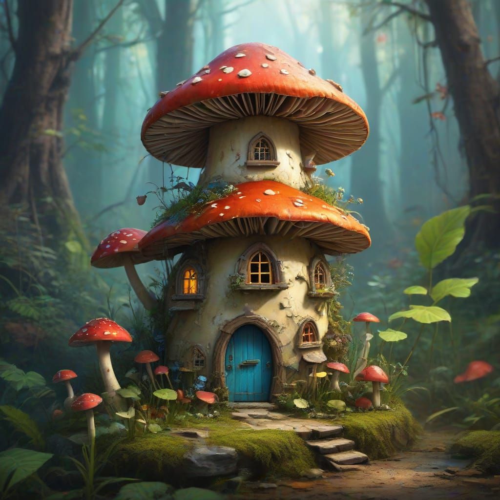 Vibrant Fairy Mushroom House in Modern Abstract Style