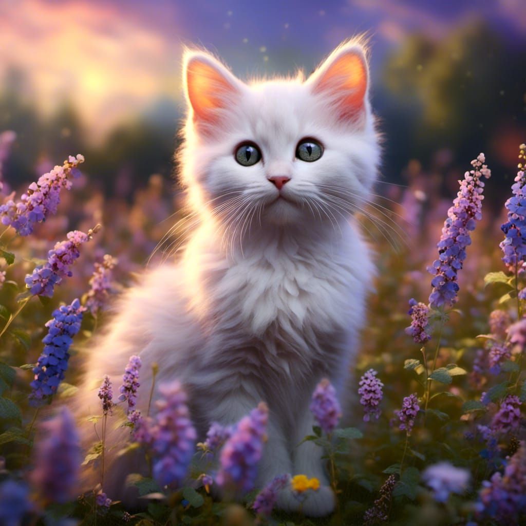 Whimsical Kitten in Twilight Flower Garden