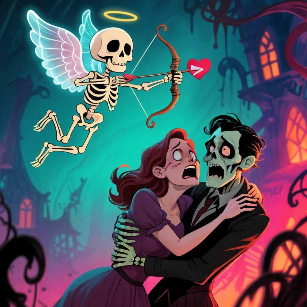 Skeleton Cupid Shoots Heart Arrow at Scared Couple