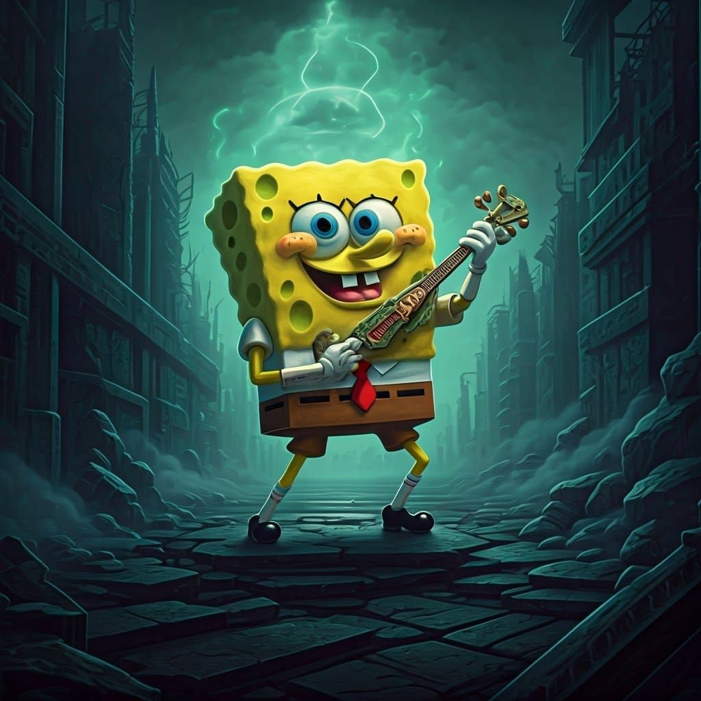 Spongebob as Green Ranger in Ruined Cityscape