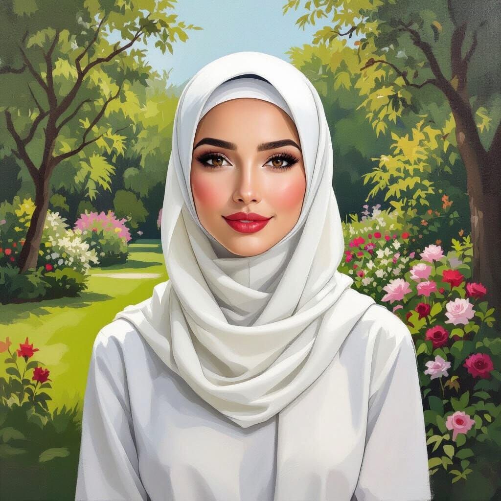Minimalist Oil Painting of Elegant Woman in White Hijab