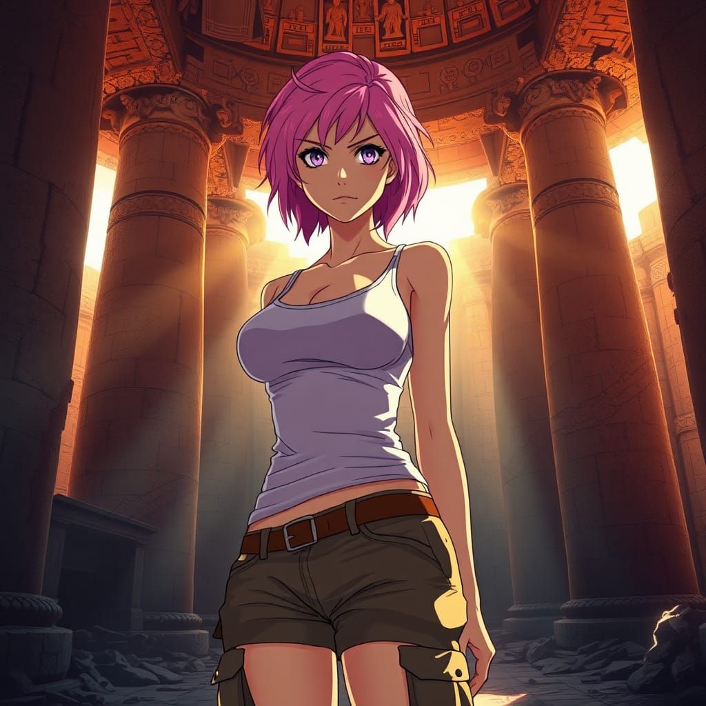 Anime Woman in Ancient Temple Ruins