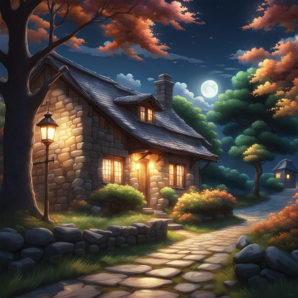 Cozy Cottage Under Moonlit Sky, Hyperrealistic Anime