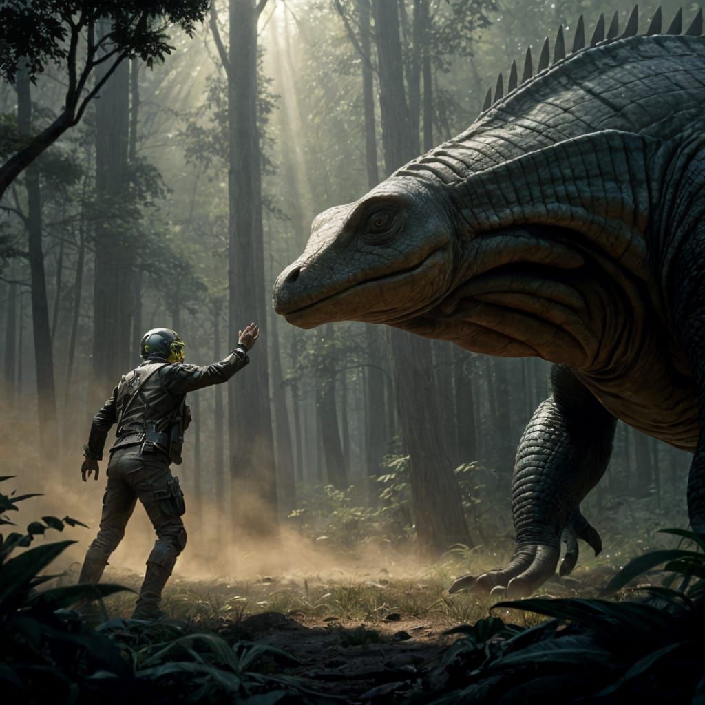 Sci-Fi Pilot Meets Gentle Giant Reptile in Forest
