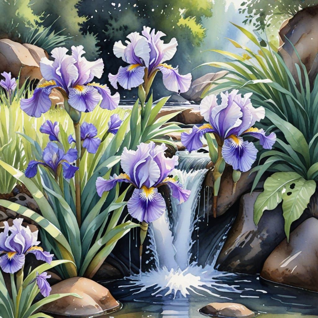 Watercolor Painting of Iris Waterfall Stream