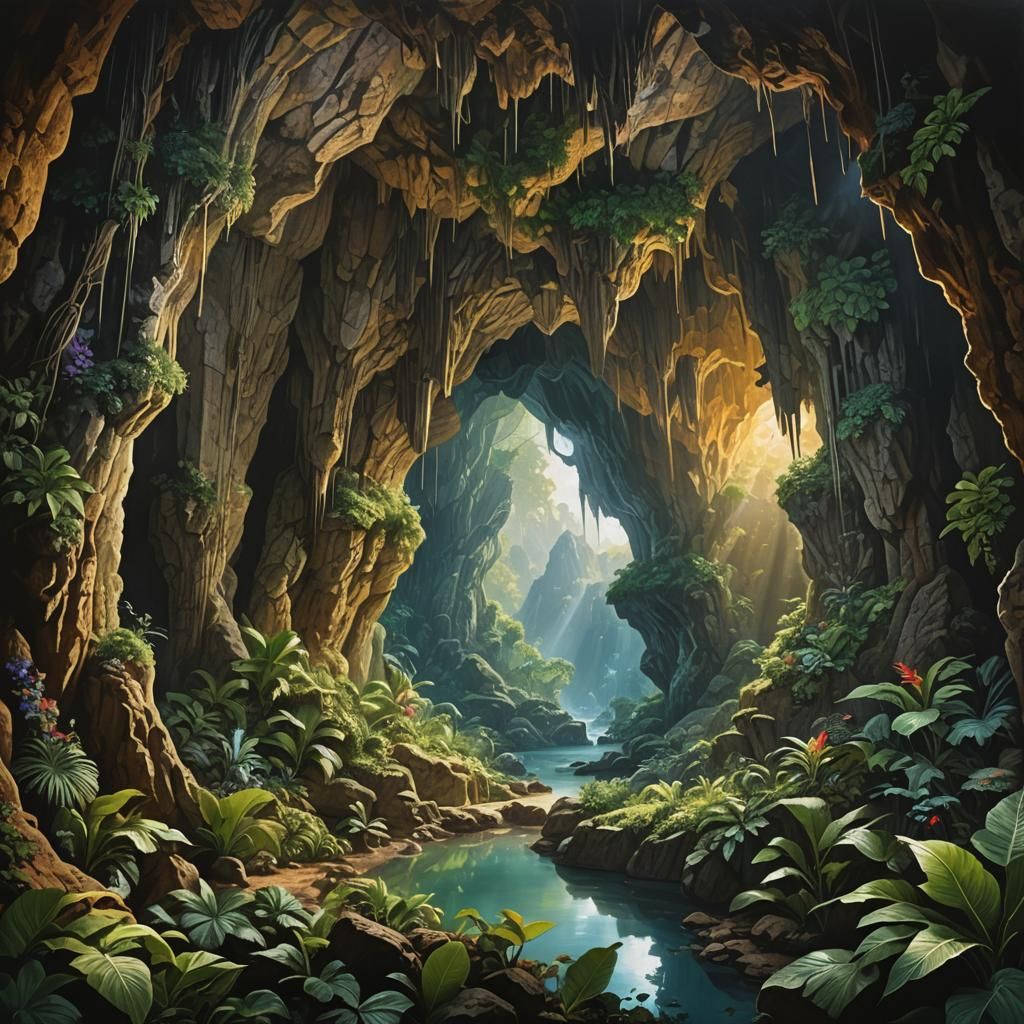 Exotic World Cavern in Photorealistic Painting