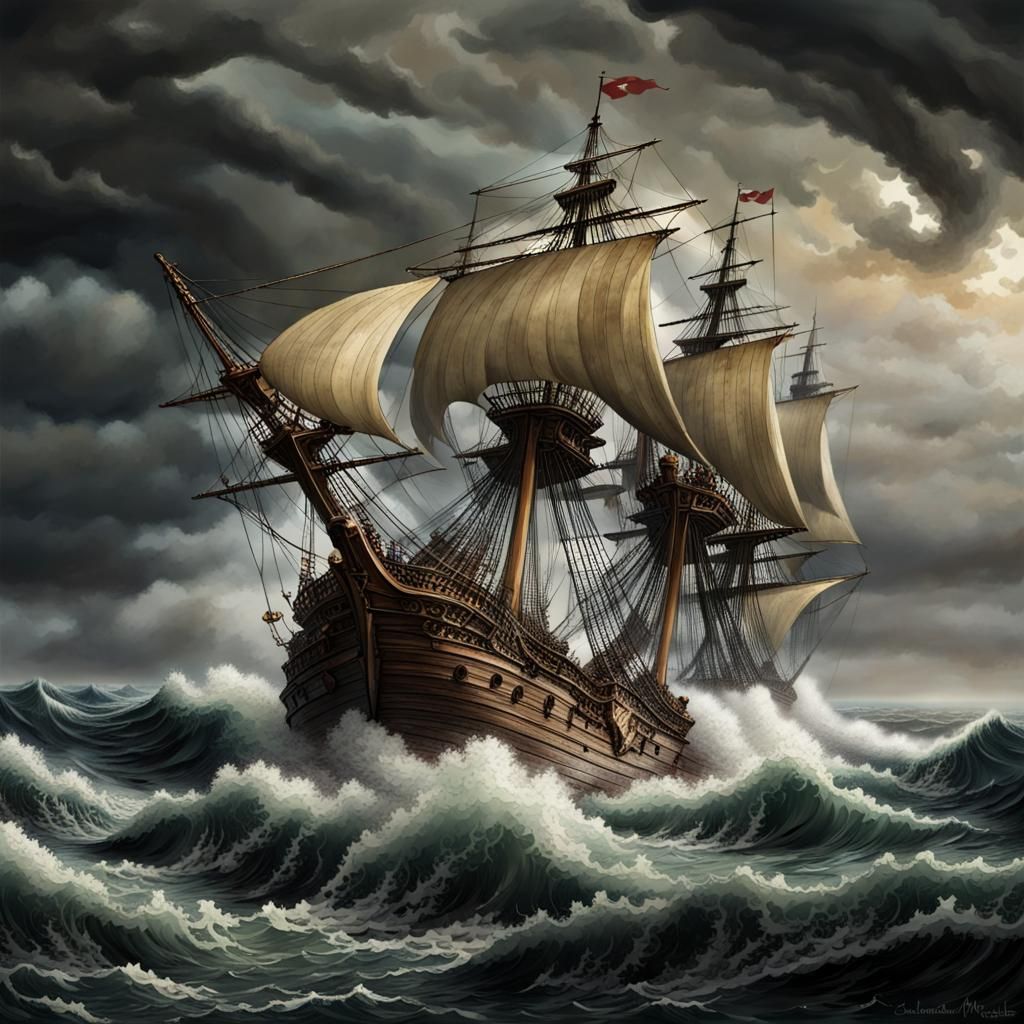 Galleon Ship In a Storm