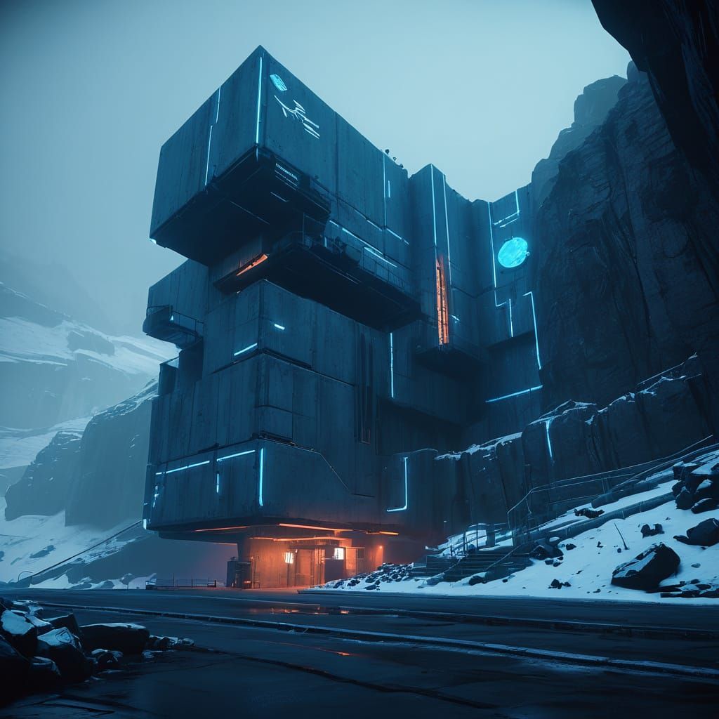 Cyberpunk Secret Research Facility in Icy Mountain Landscape