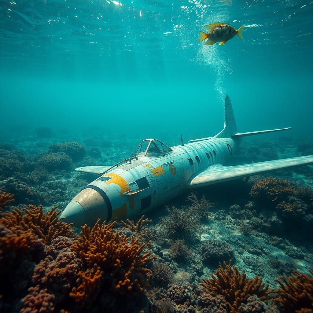 Submerged Fighter Plane in Coral Reef, Dramatic Lighting