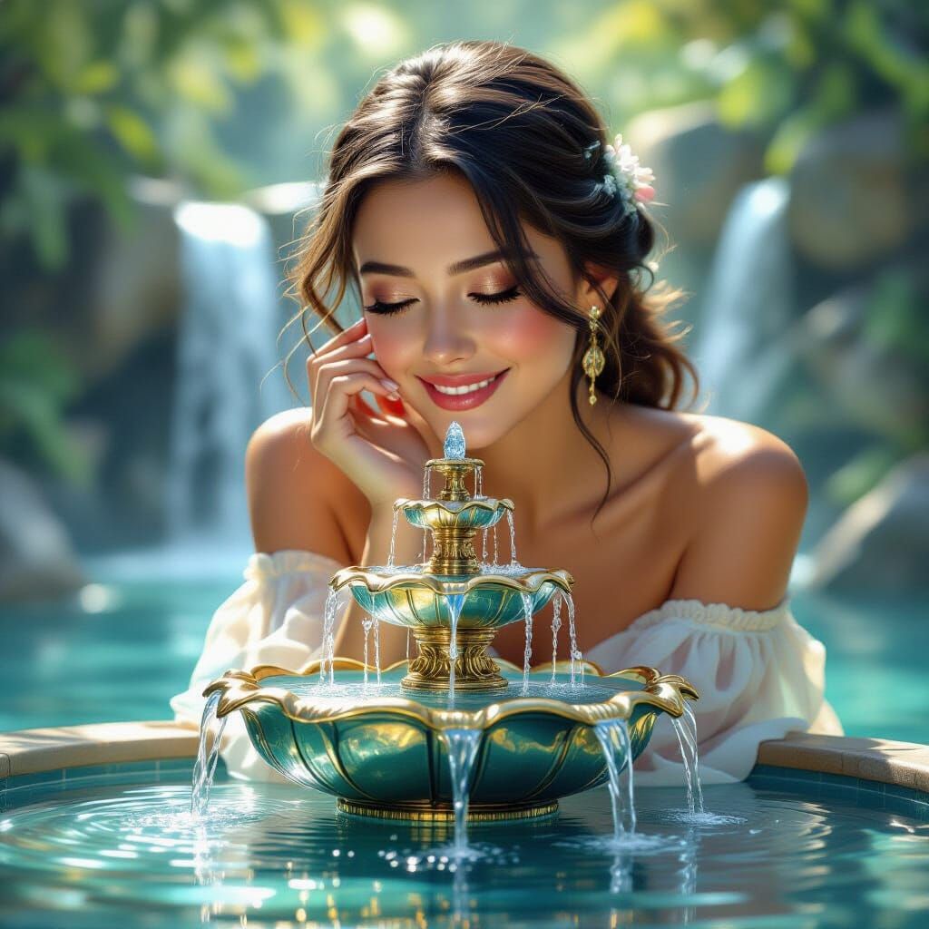 Woman's Hand Holds Ornate Fountain, Art Nouveau Style