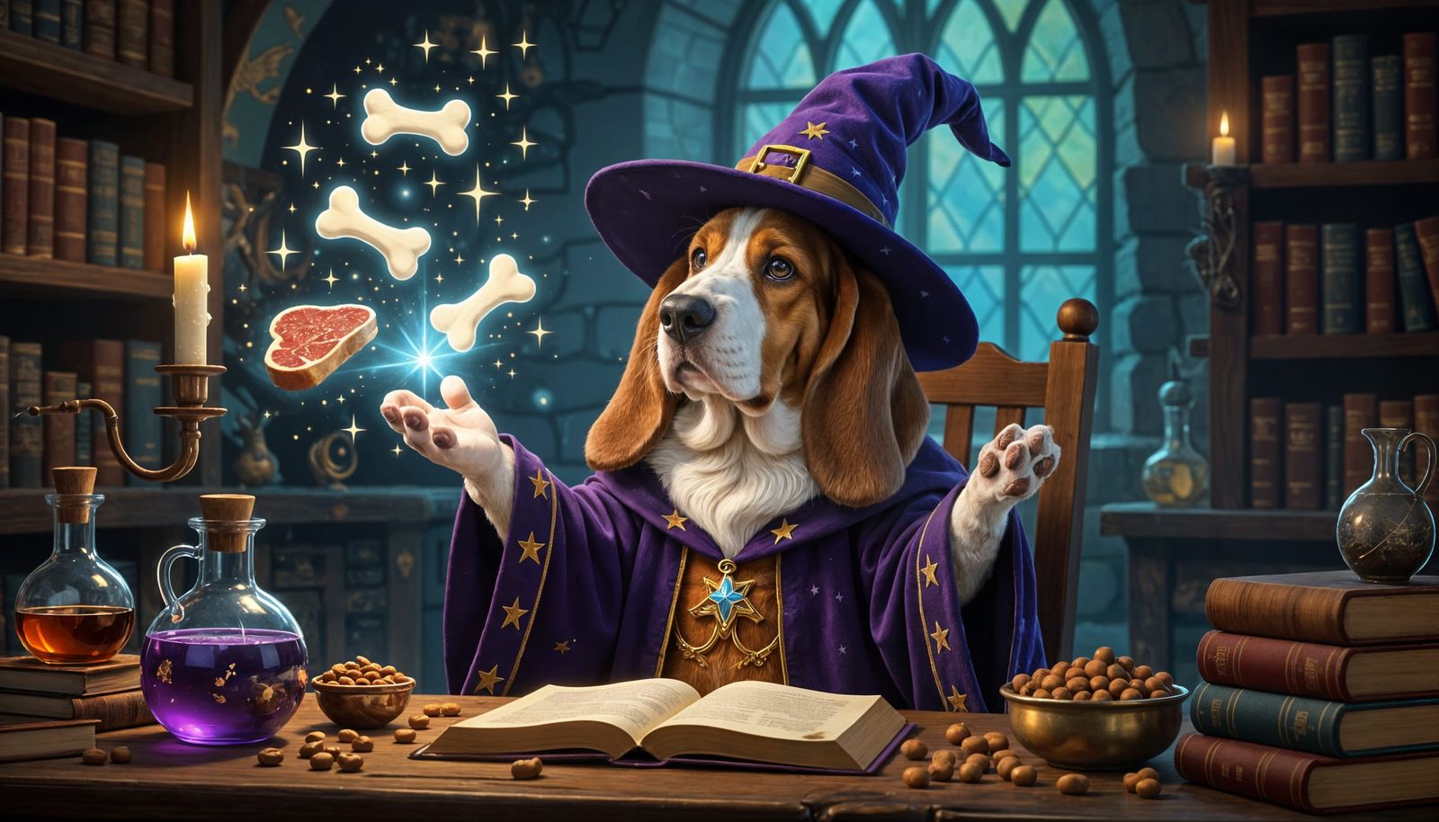 Wizard Basset Hound Conjures Food with Magic