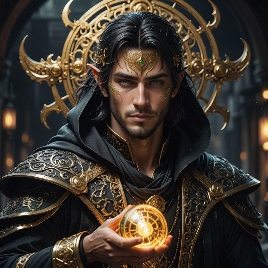 Sorcerer in Golden Mask with Neon Green Eyes