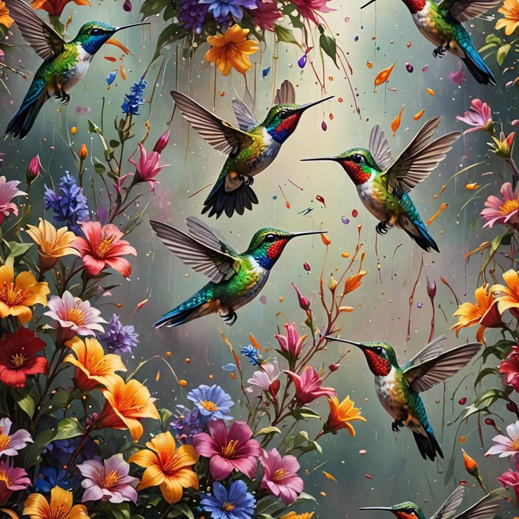 Hummingbirds and Flowers in Hyperrealistic Splash Art