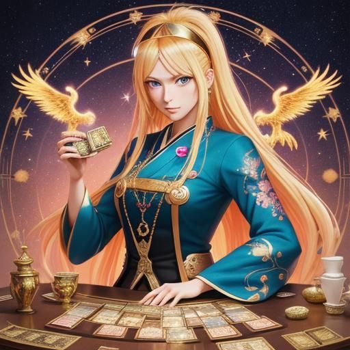 Anime Woman with Phoenix and Tarot Cards