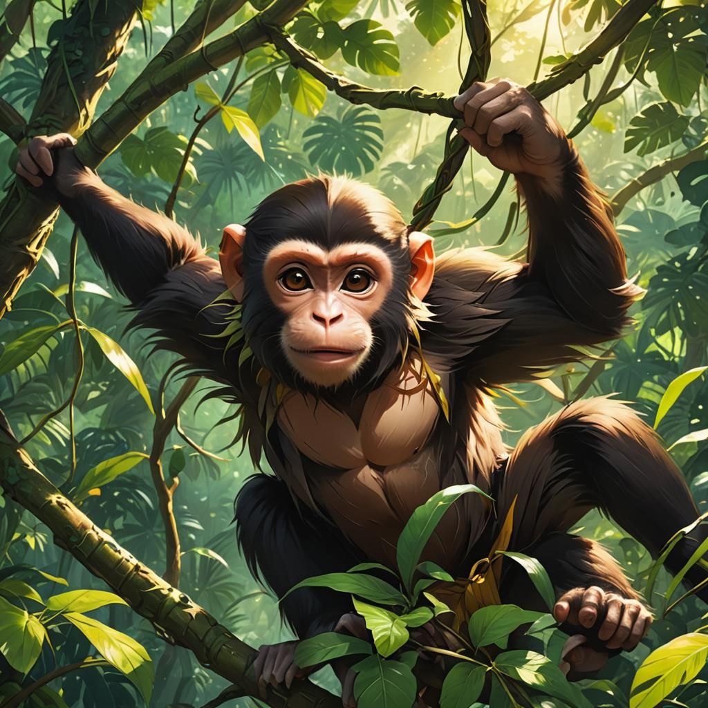 Playful Monkey in Tropical Forest: Vibrant Anime Art