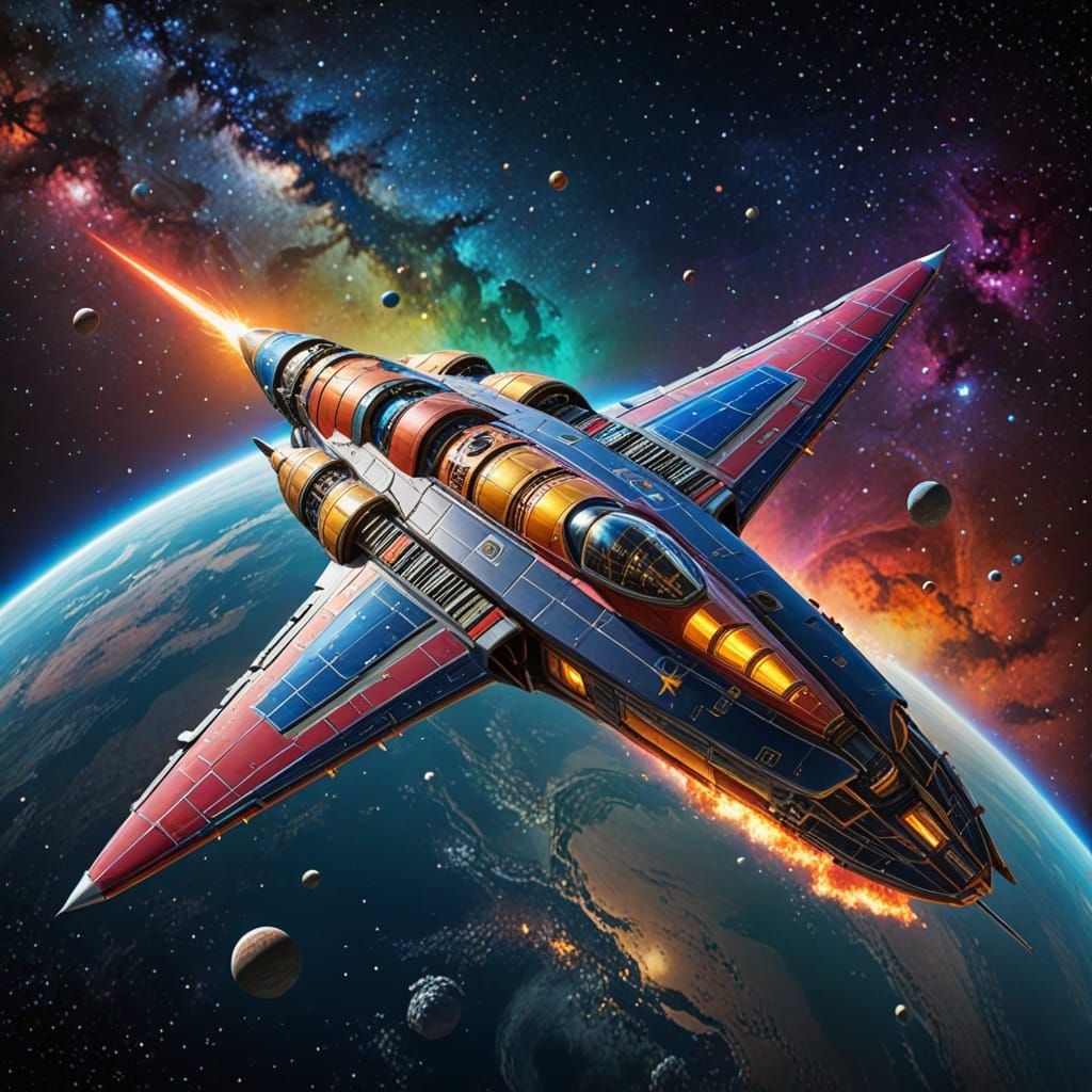Colorful Spaceship Soaring Through Stars and Planets