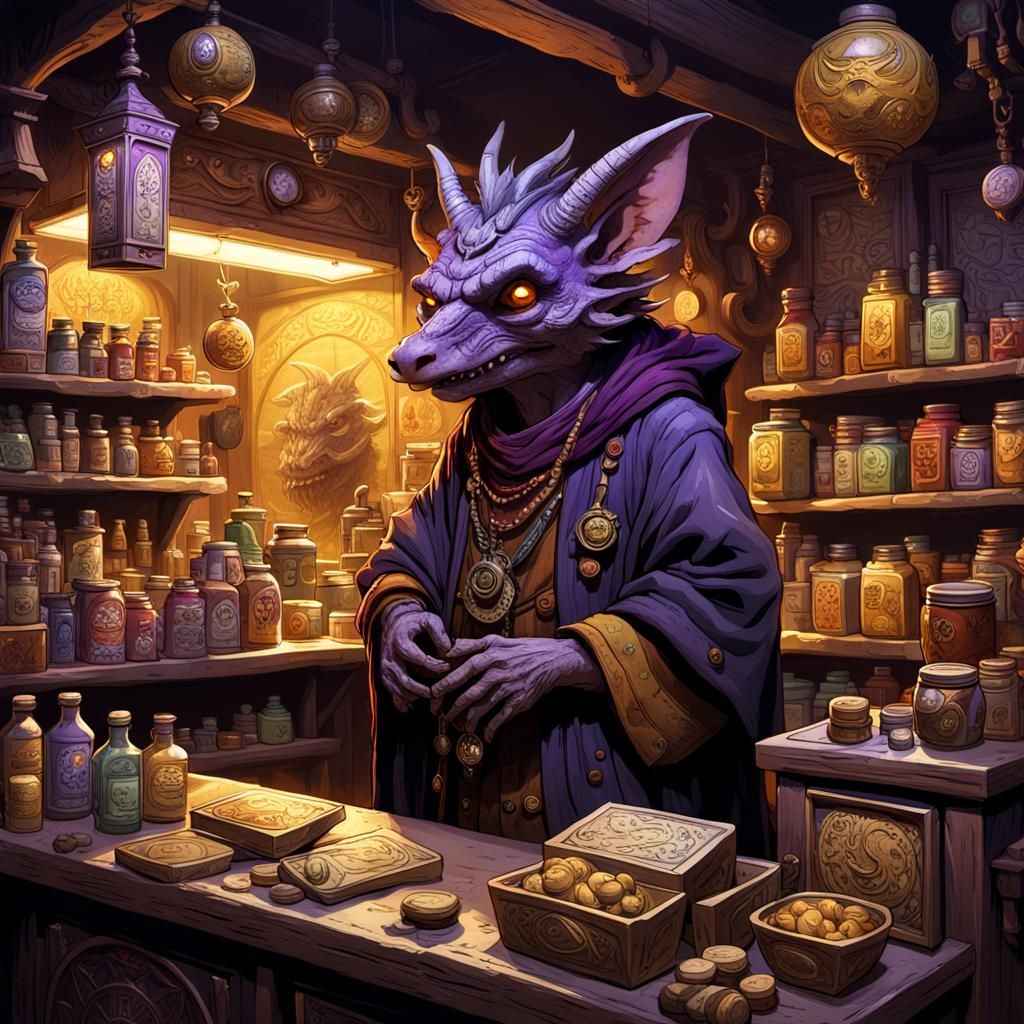 Mystical Kobold Convenience Store in Dark Fantasy Style